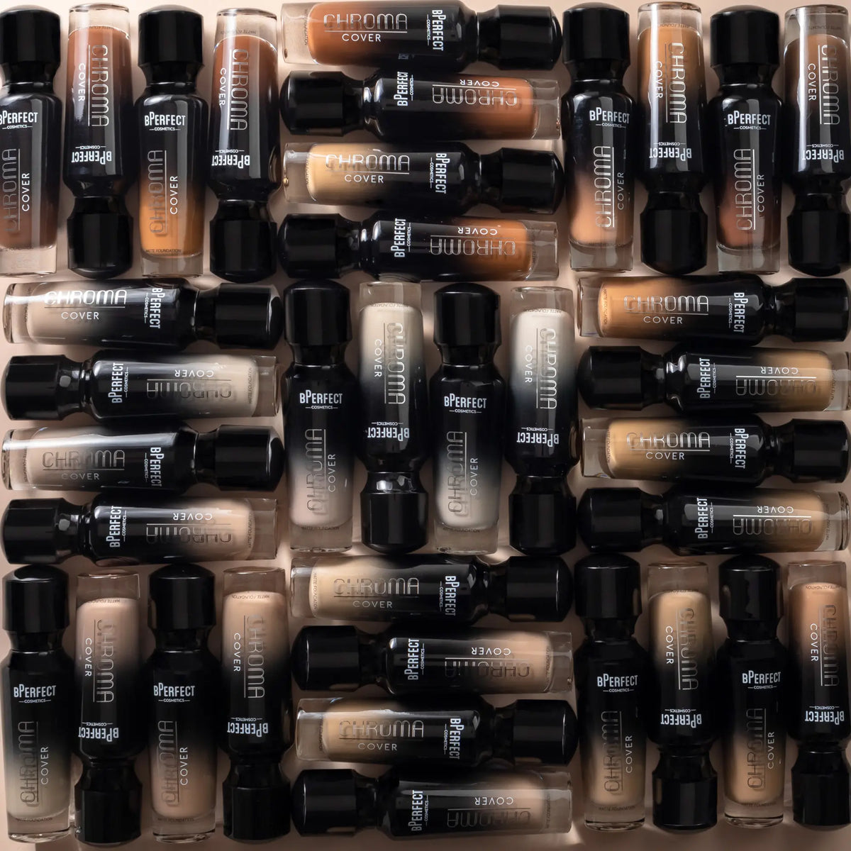 BPerfect Chroma Cover Matte Foundation bottles showing shade range