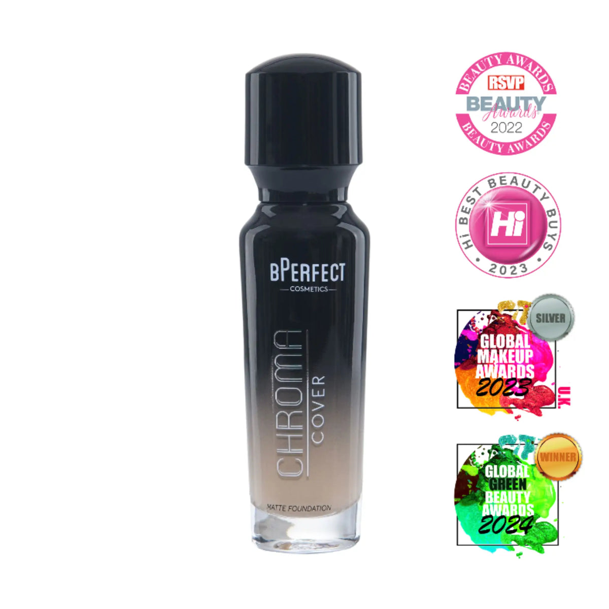 BPerfect Chroma Cover Matte Foundation W2 bottle with beauty award badges