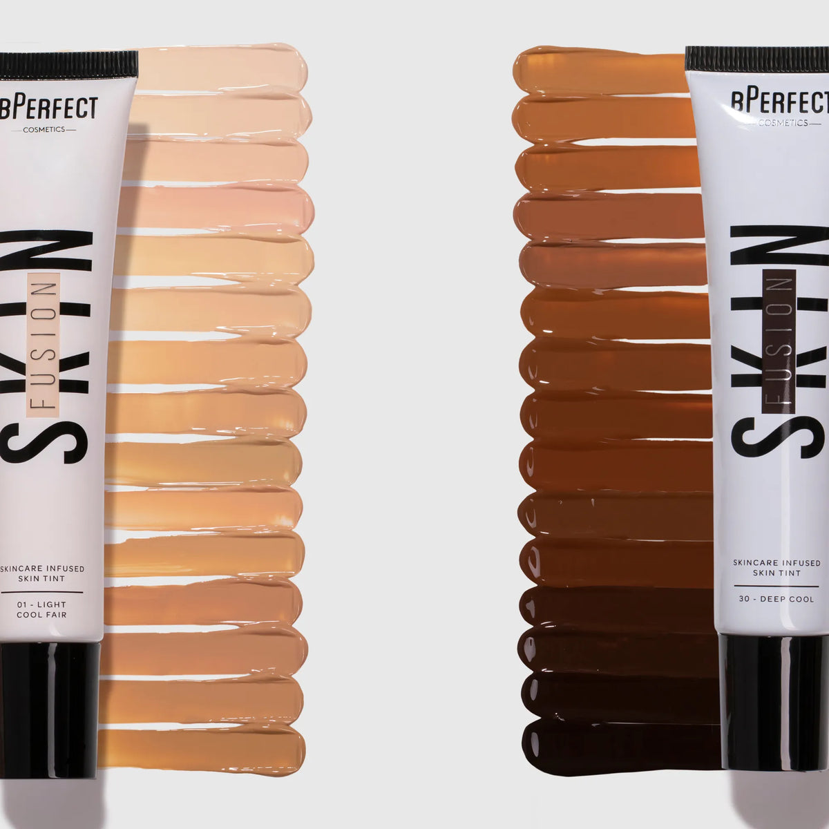 BPerfect Skin Fusion Skin Tint swatches across light to deep skin tones