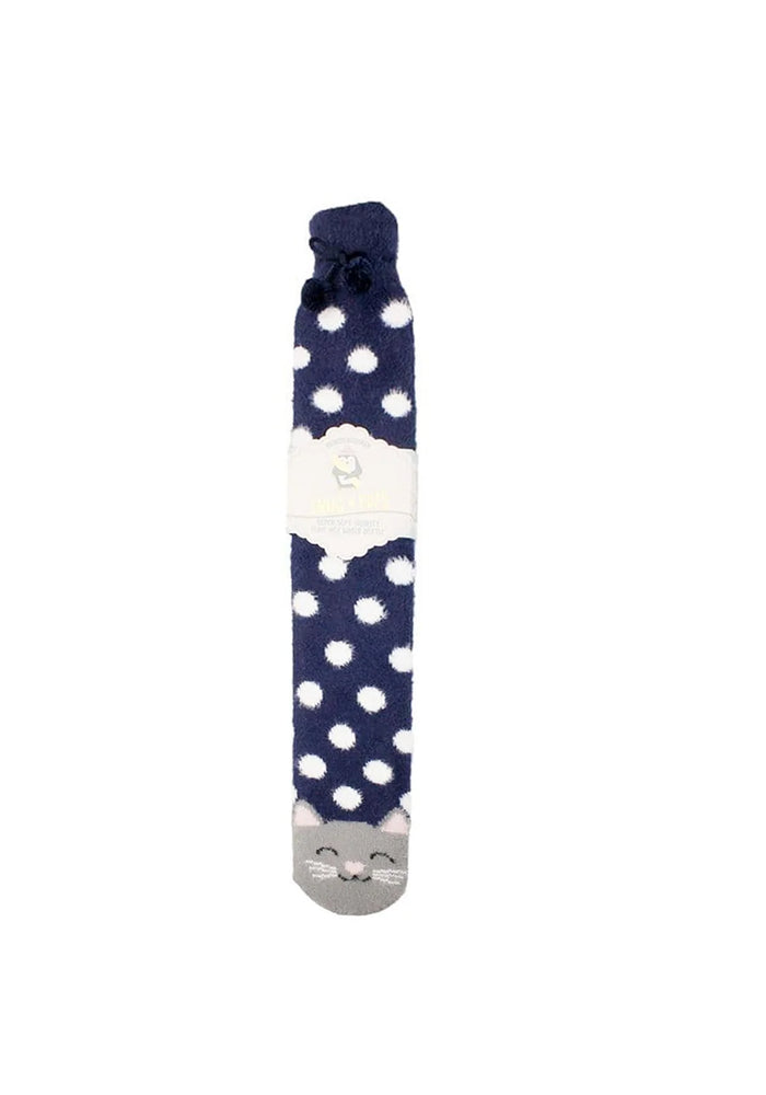 Brandwell Snug & Cozy Super Soft Long Hot Water Bottle in navy with classic cat design cover