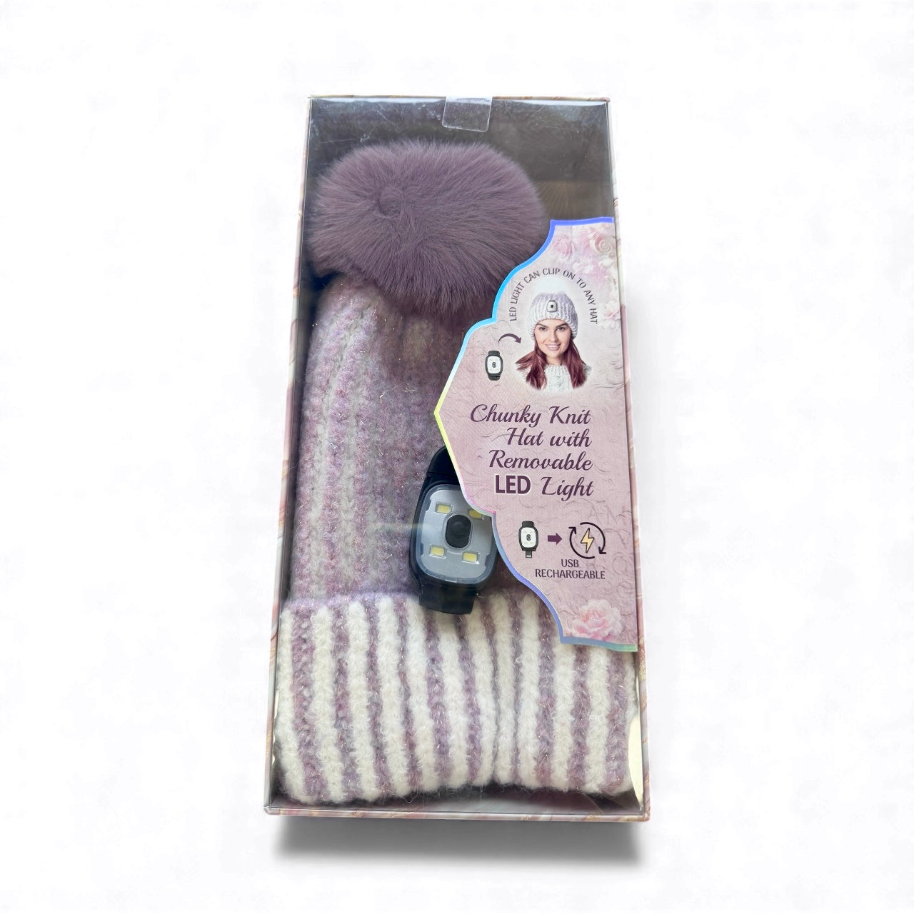 Light lavender chunky knit beanie with faux-fur pom-pom and removable LED light on cuff.