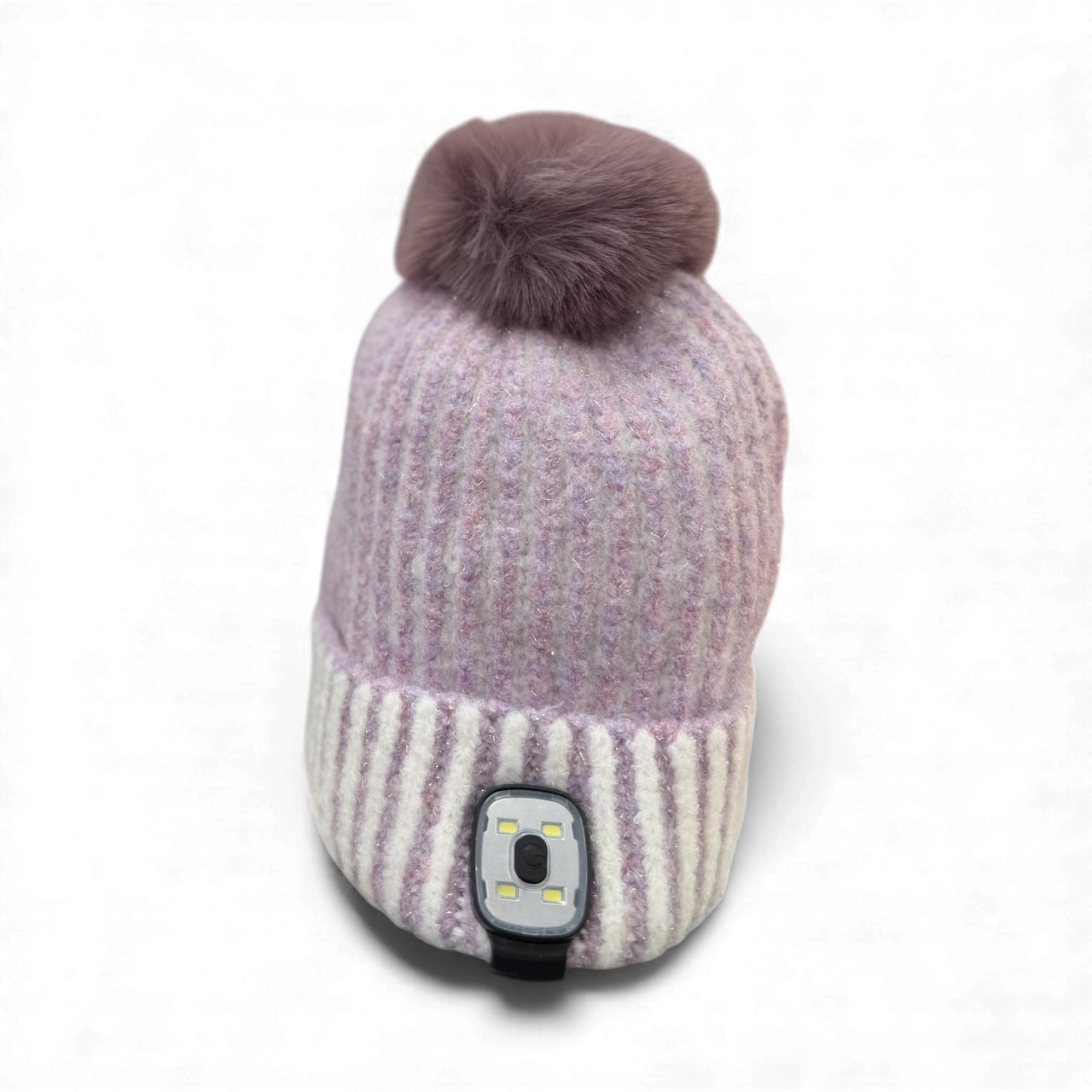 Boxed lavender LED beanie with removable, USB-rechargeable light module m in gift box.