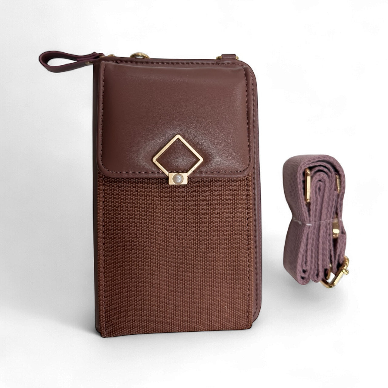 Compact mauve phone bag with flap closure and wrist strap unique gift for her 