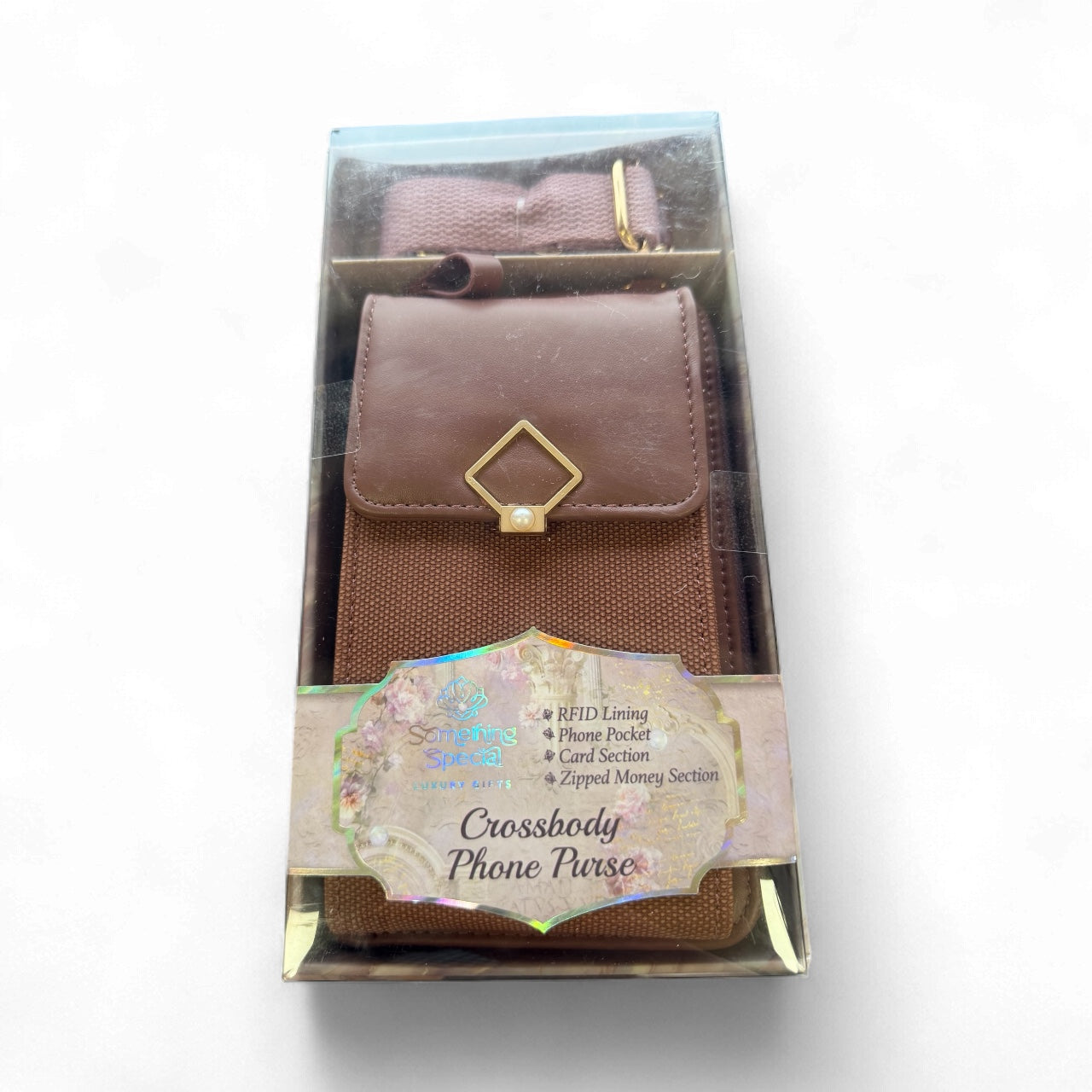 Dusty mauve Brandwell crossbody phone purse gift set with gold detail