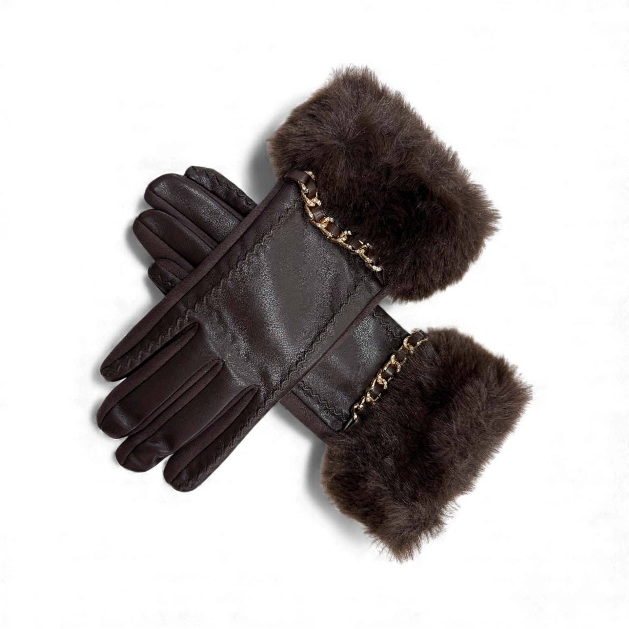 Chocolate faux fur cuff gloves do her with gold chain detail