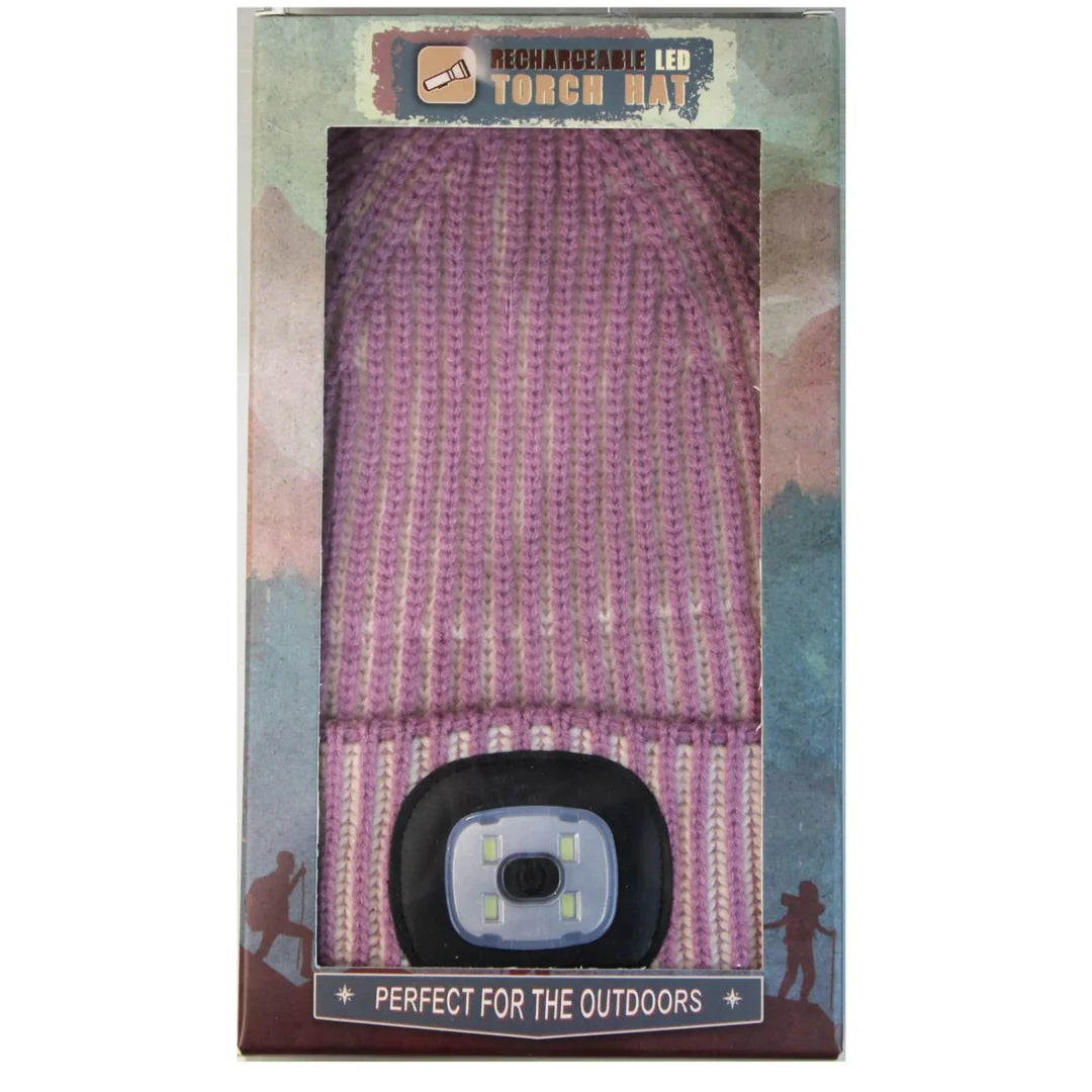 Brandwell Rechargeable LED Torch Beanie Hat in mauve with built-in LED light