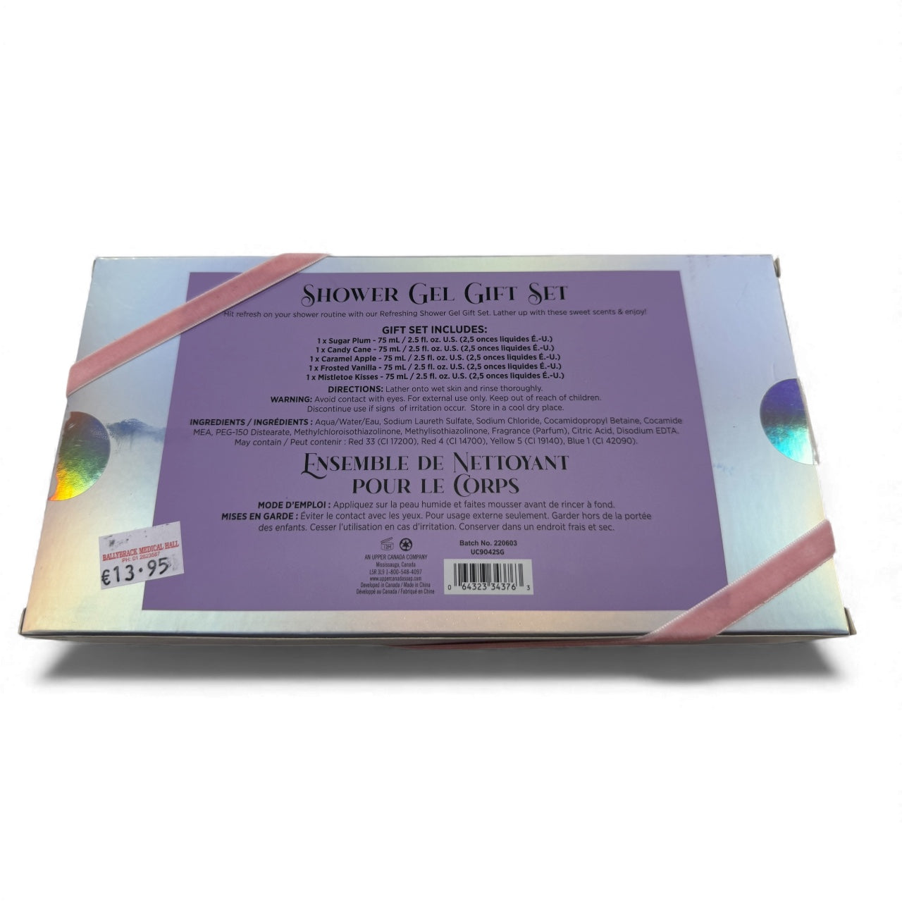 Back of Brompton & Langley shower gel gift set showing 5 included fragrances and product details