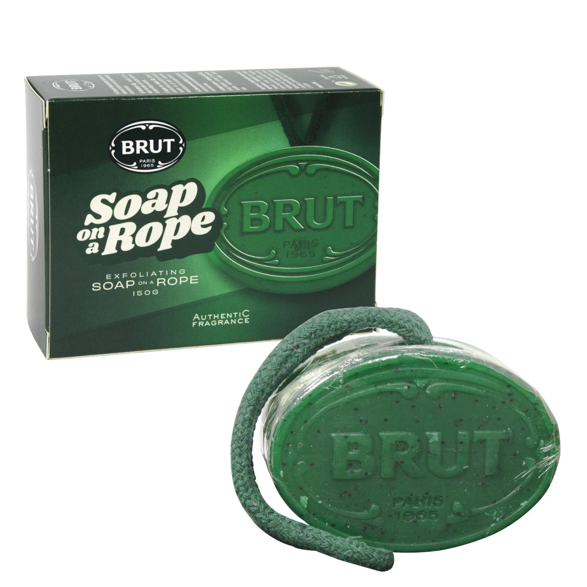 Brut Original Exfoliating Soap on a Rope 150g green oval soap bar with hanging cord and branded packaging