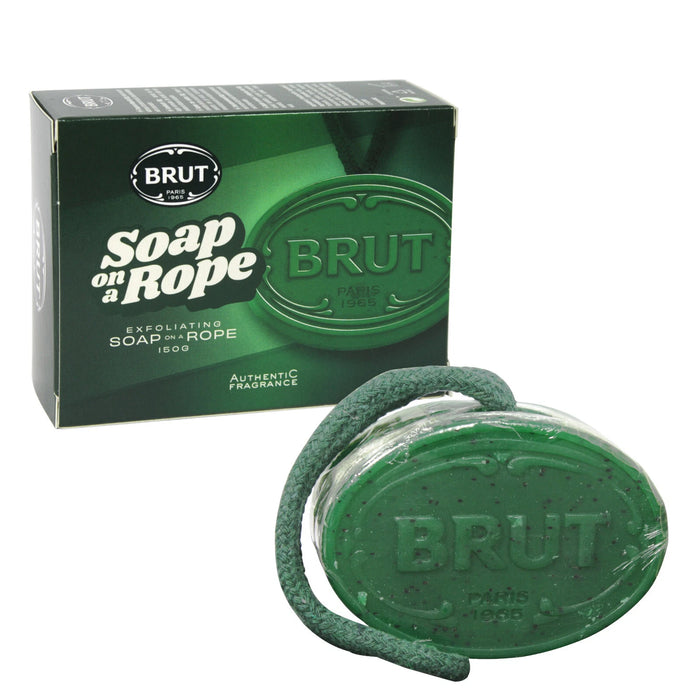 Brut Original Exfoliating Soap on a Rope 150g green oval soap bar with hanging cord and branded packaging