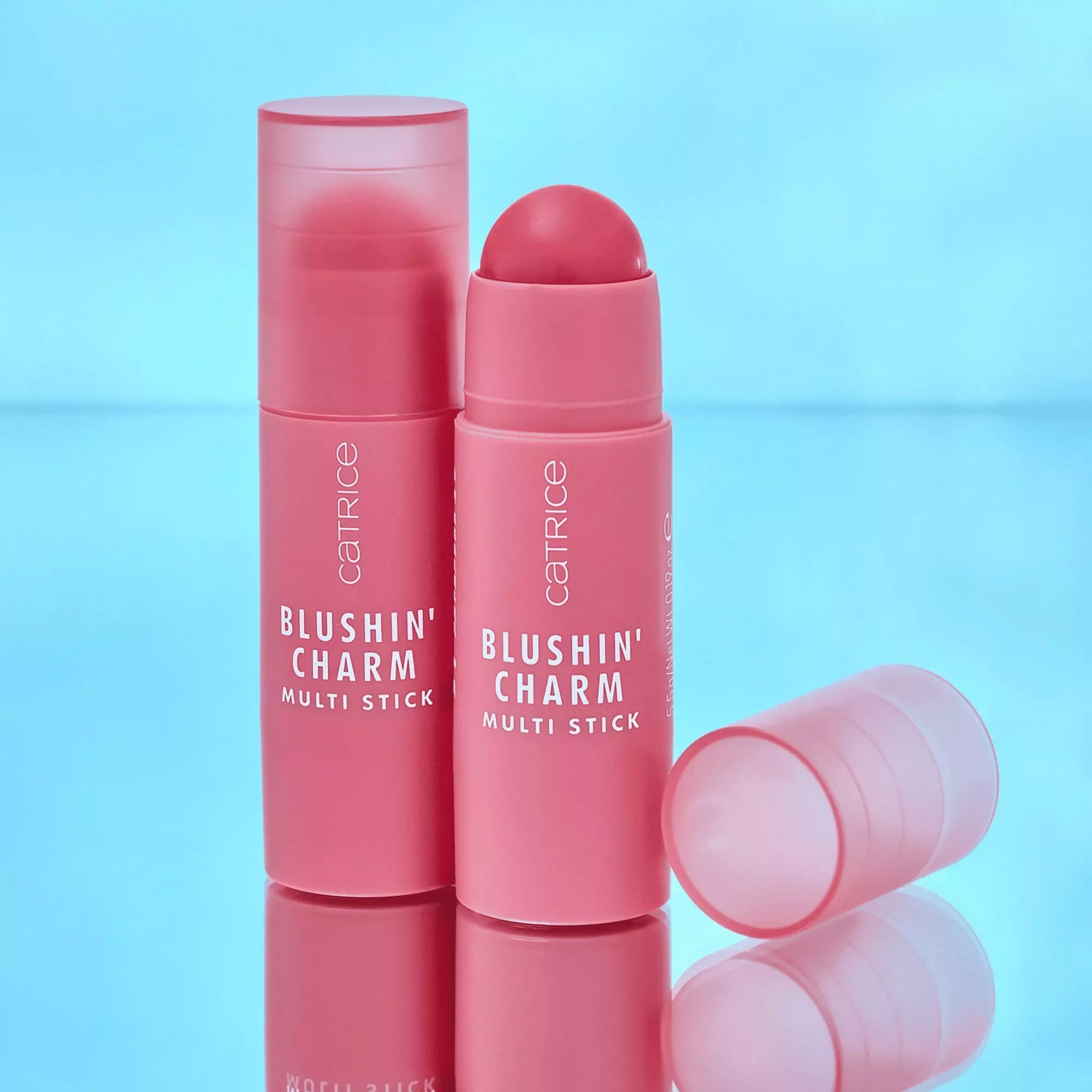Catrice Blushin’ Charm Multi Stick Pink Sweetheart Close-Up on Blue Background