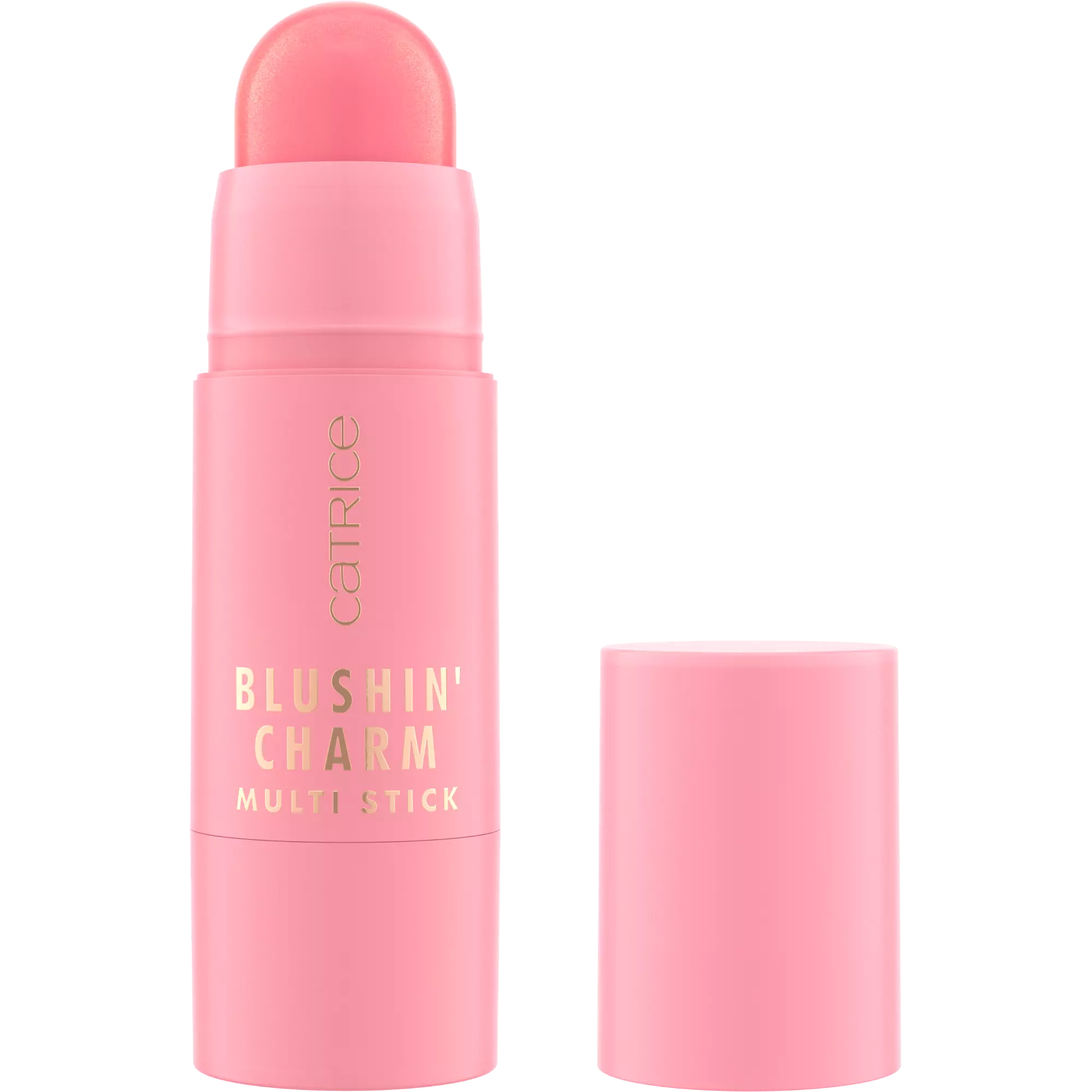 Close-up of Catrice Blushin’ Charm Multi Stick Sparkle Lover with cap off, pink shimmer blush stick