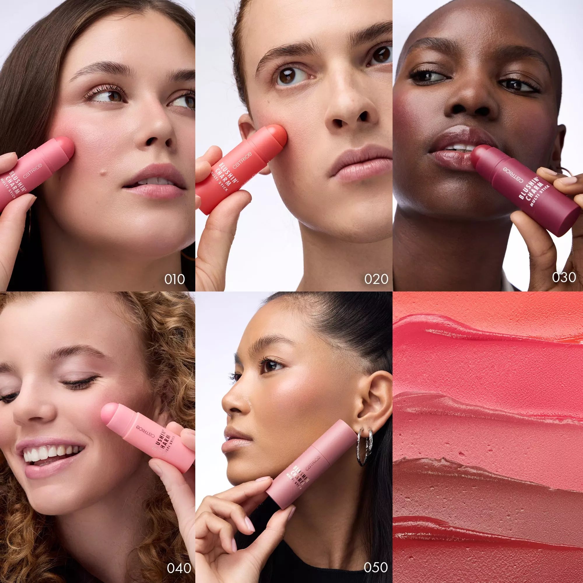 Three models different skin colours applying Catrice Blushin’ Charm Multi Stick on cheeks & lips