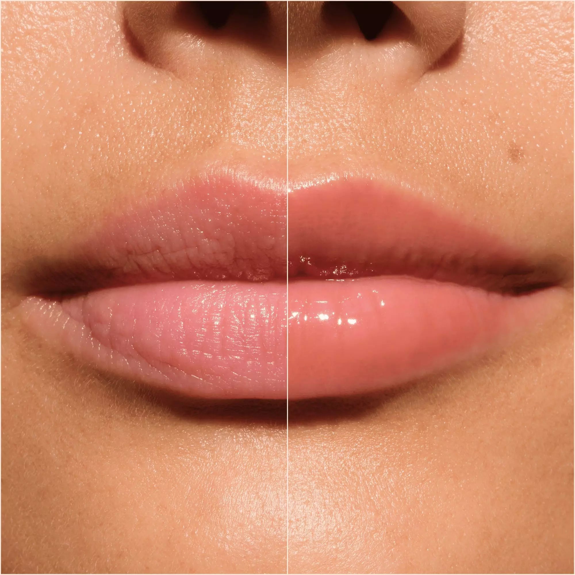 Side view of Catrice Butter Drippin’ Glossy Lip Balm 020 Maple Latte before and after 