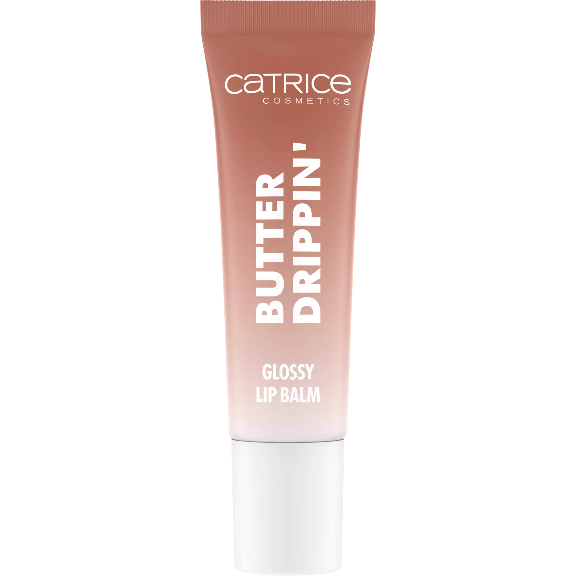 Side view of Catrice Butter Drippin’ Glossy Lip Balm 020 Maple Latte with lid on 