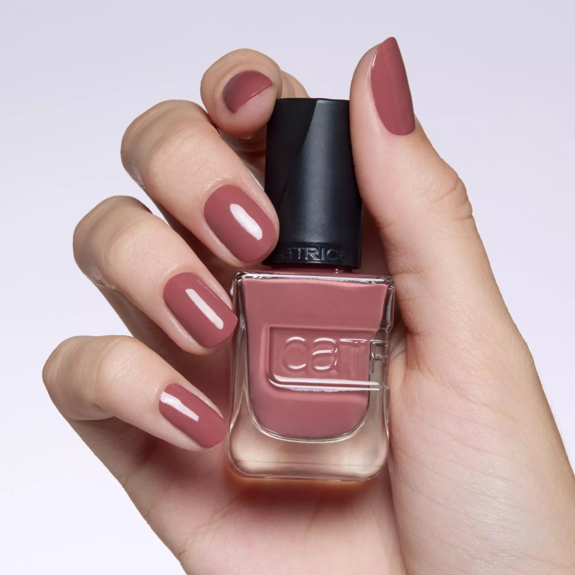 Glossy rosy nude nail polish – Catrice Gel Affair Rosywood Hills bottle and spill