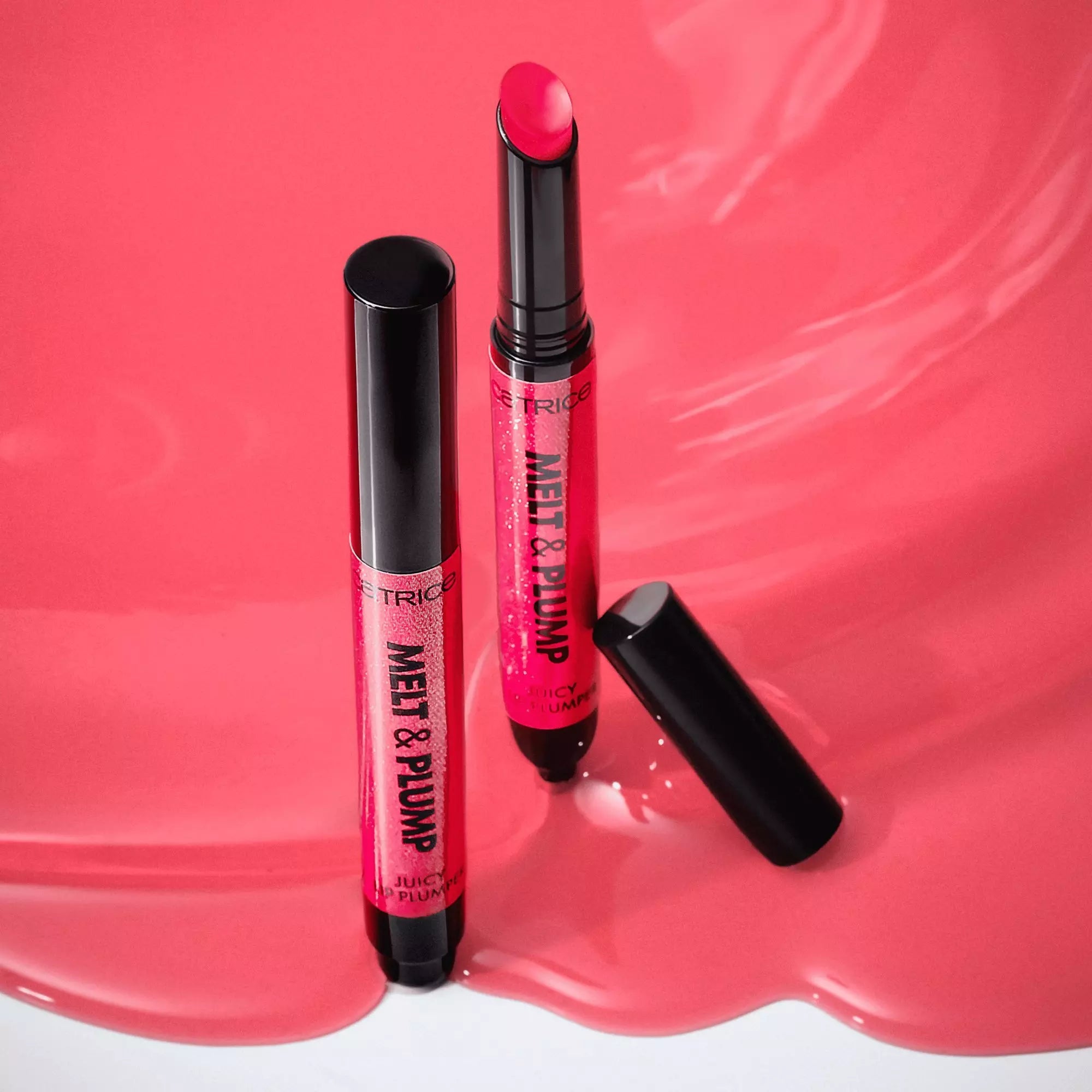 Catrice Melt & Plump Lip Plumper 50 displayed on liquid gloss background