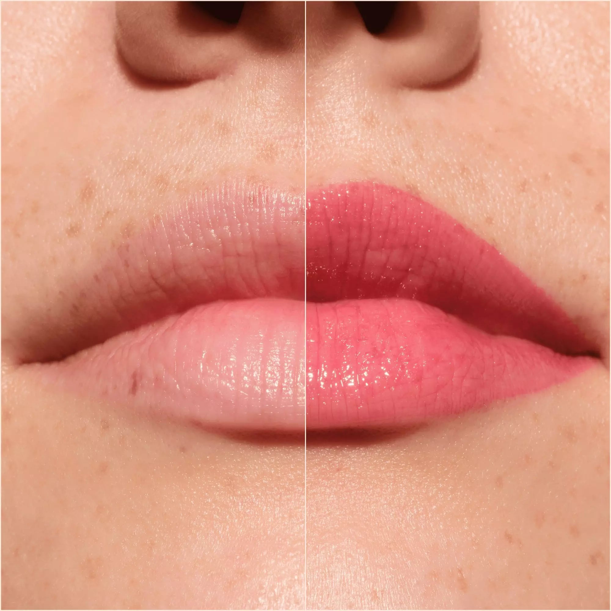 Catrice Lip Plumper 050 with glossy red shimmer finish Before and after 