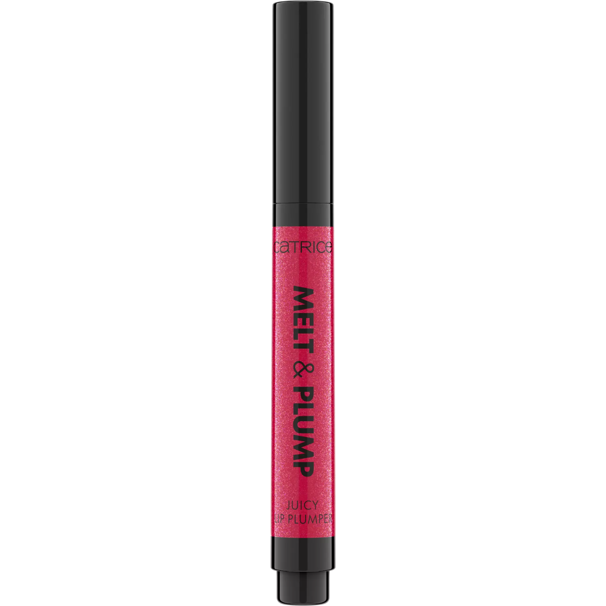 Flatlay of Catrice Melt & Plump click pen lip plumper in 050 Tropic Like It’s Hot on red 