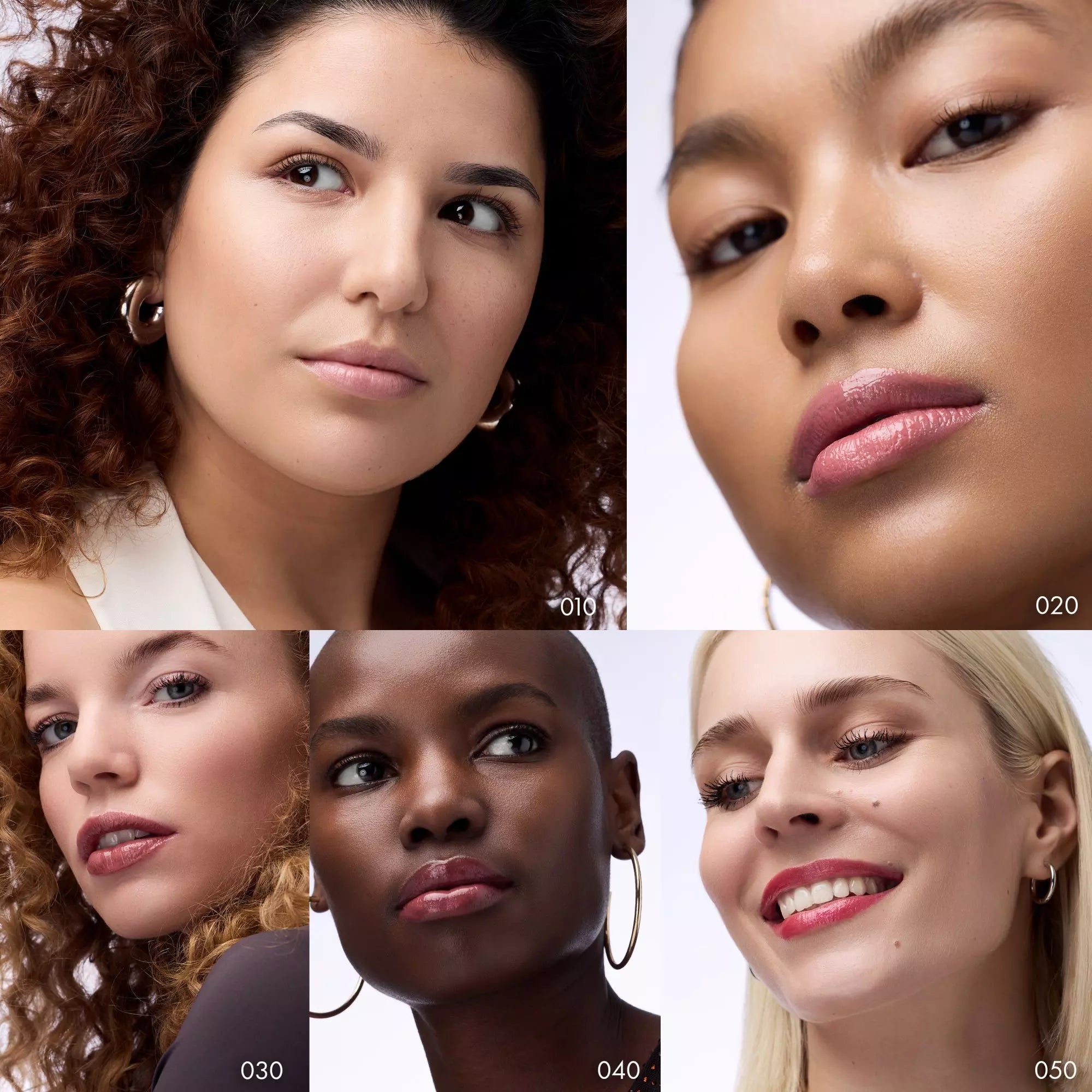Three diverse skin tone models wearing Catrice Lip Plumper 050 showing glossy finish
