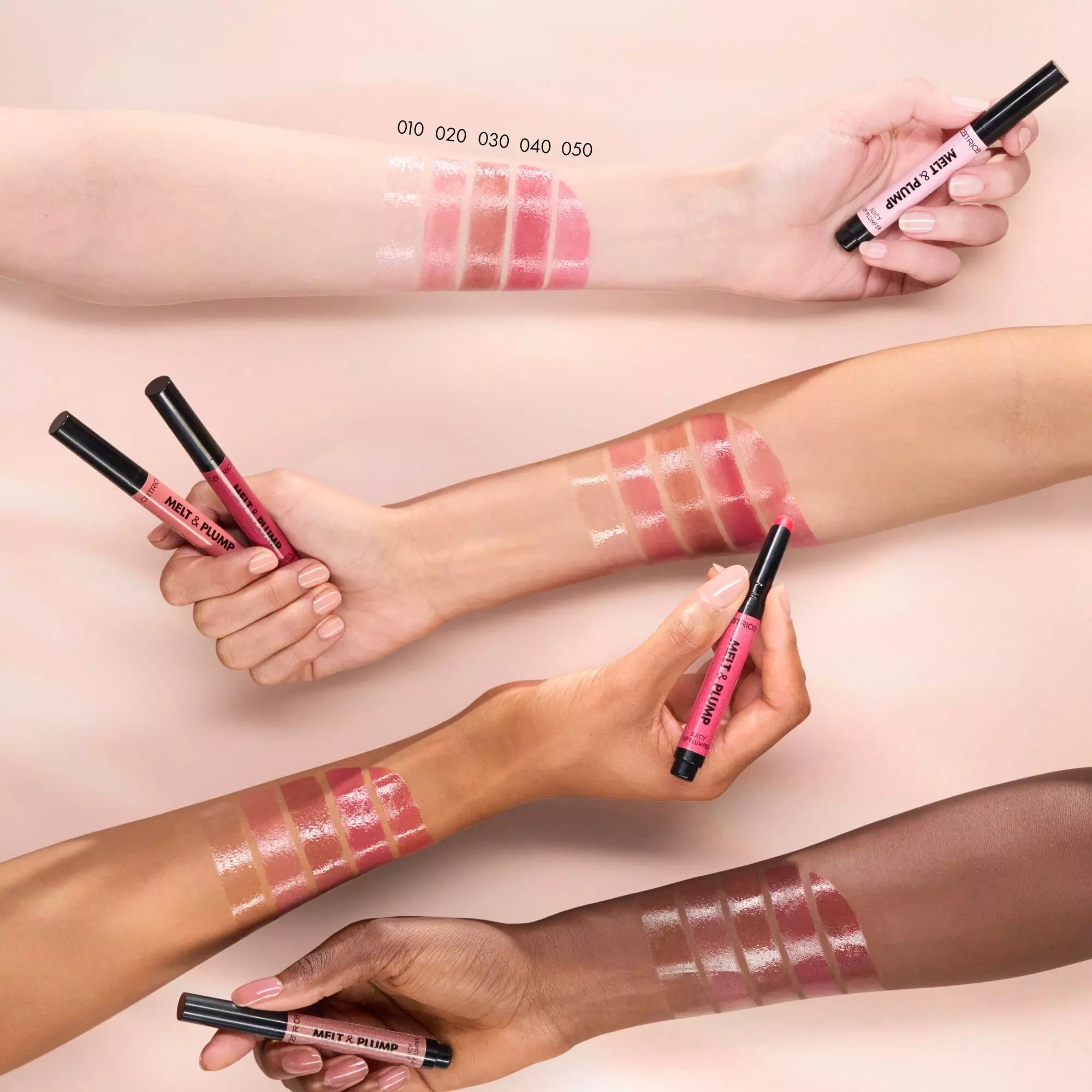 Swatches of Catrice Melt & Plump Lip Plumper shades on different skin tones