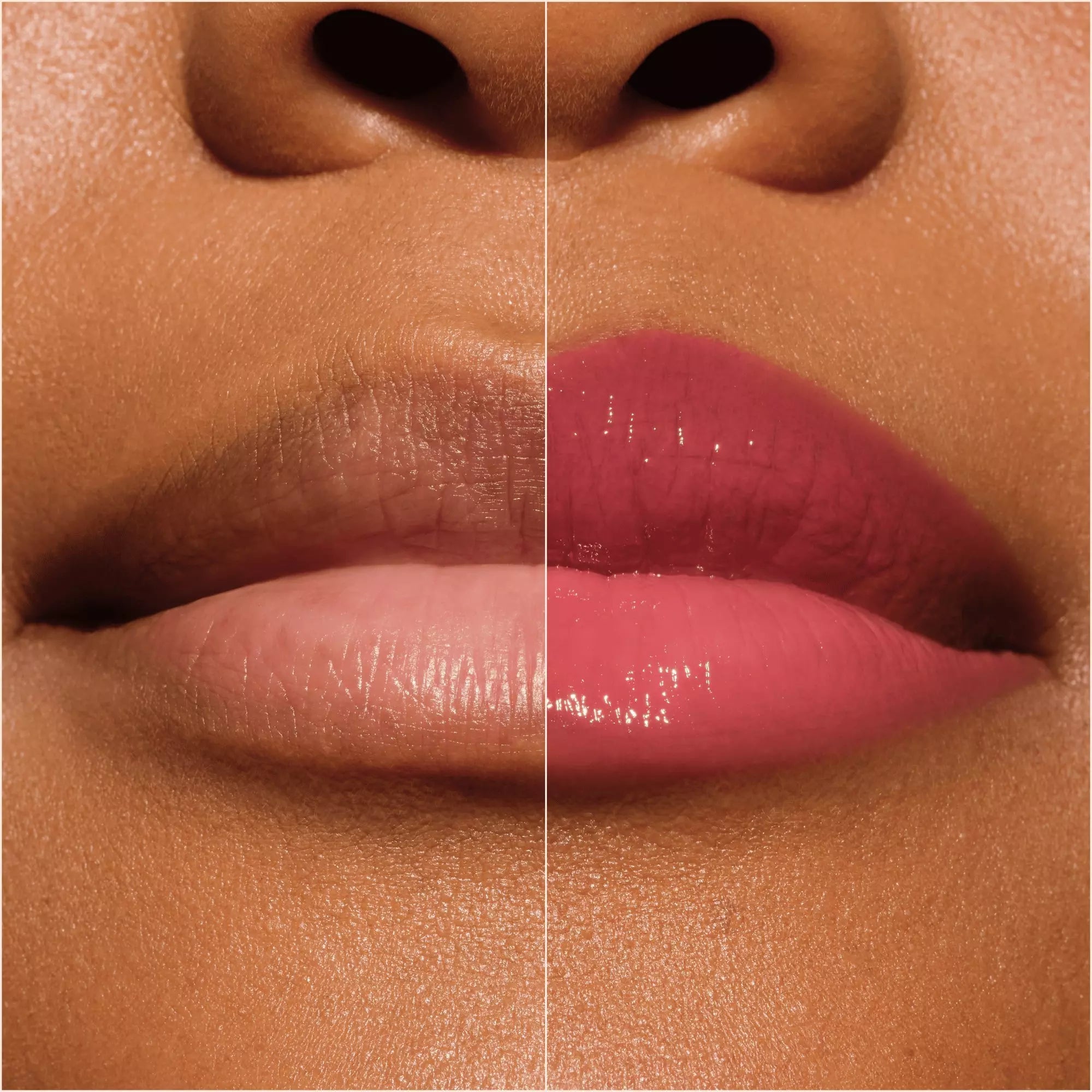 Before and after image showing lip plumping effect of Catrice 040 gloss
