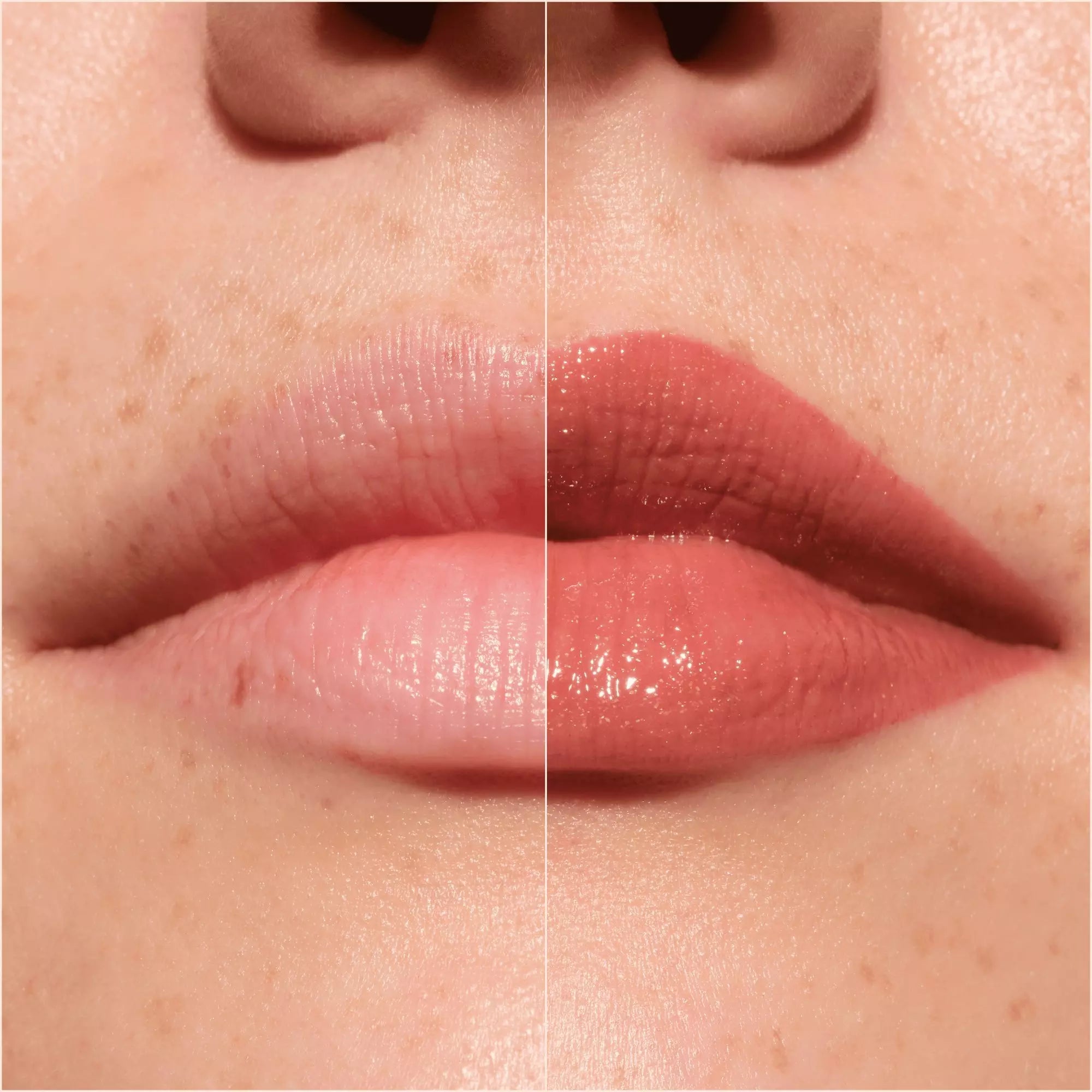 Before and after swatch of Catrice 030 Tipsy In Love on model’s lips