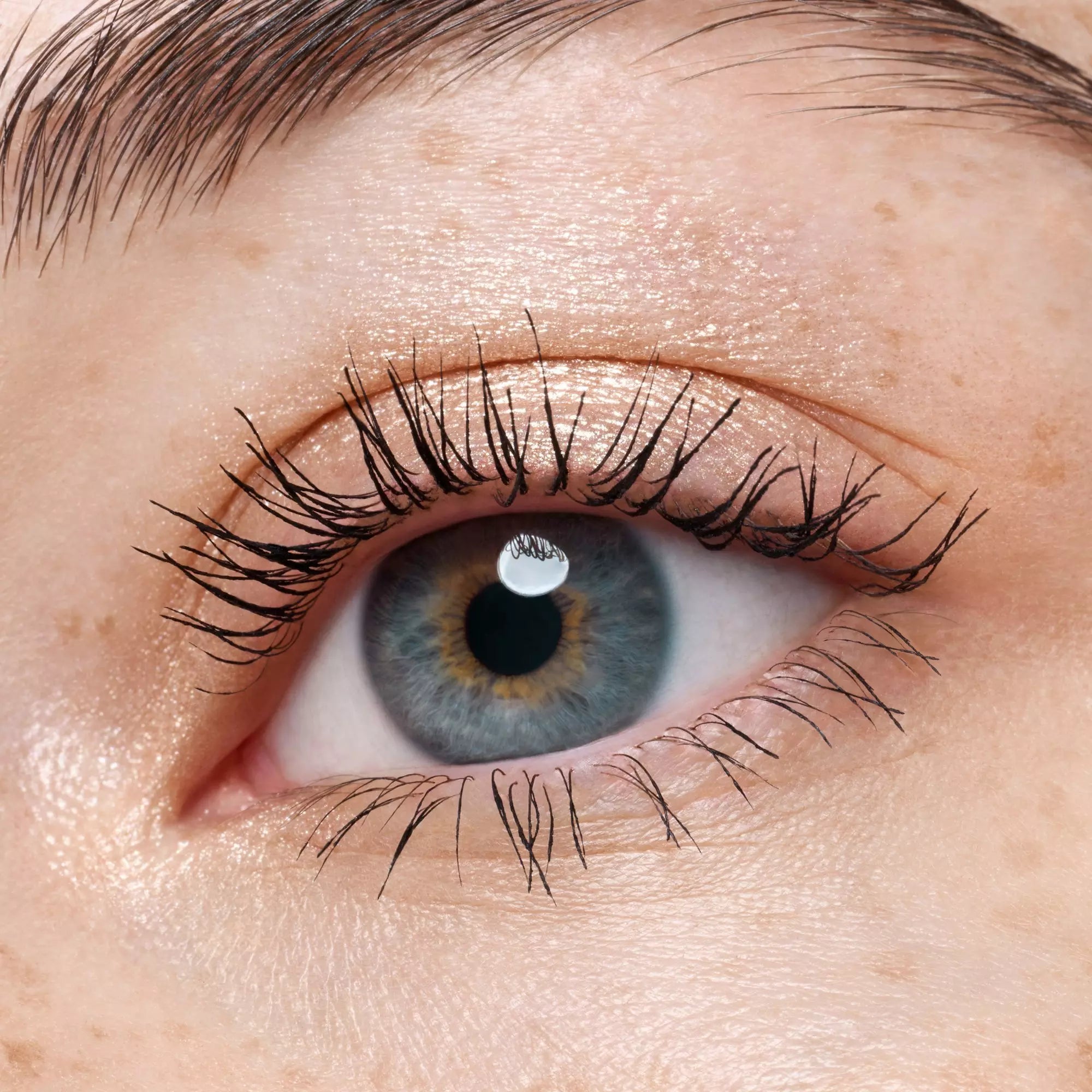 Champagne Chic metallic eyeshadow applied to blue eyes for radiant sparkle