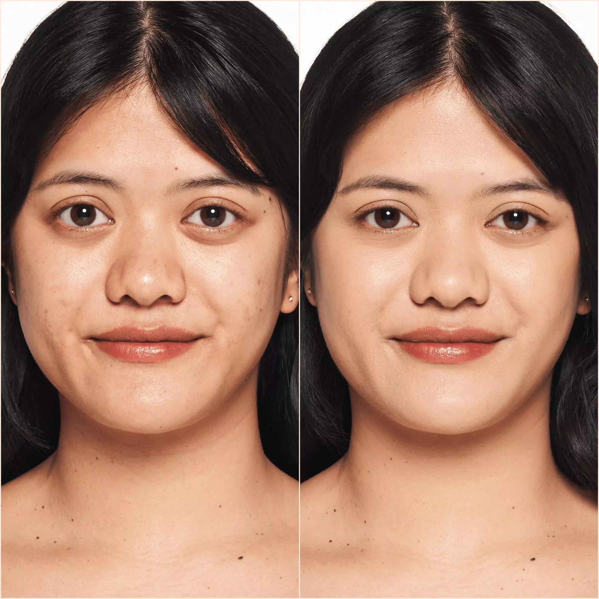 Before and after comparison of model wearing Catrice Tinted Serum Foundation 040N