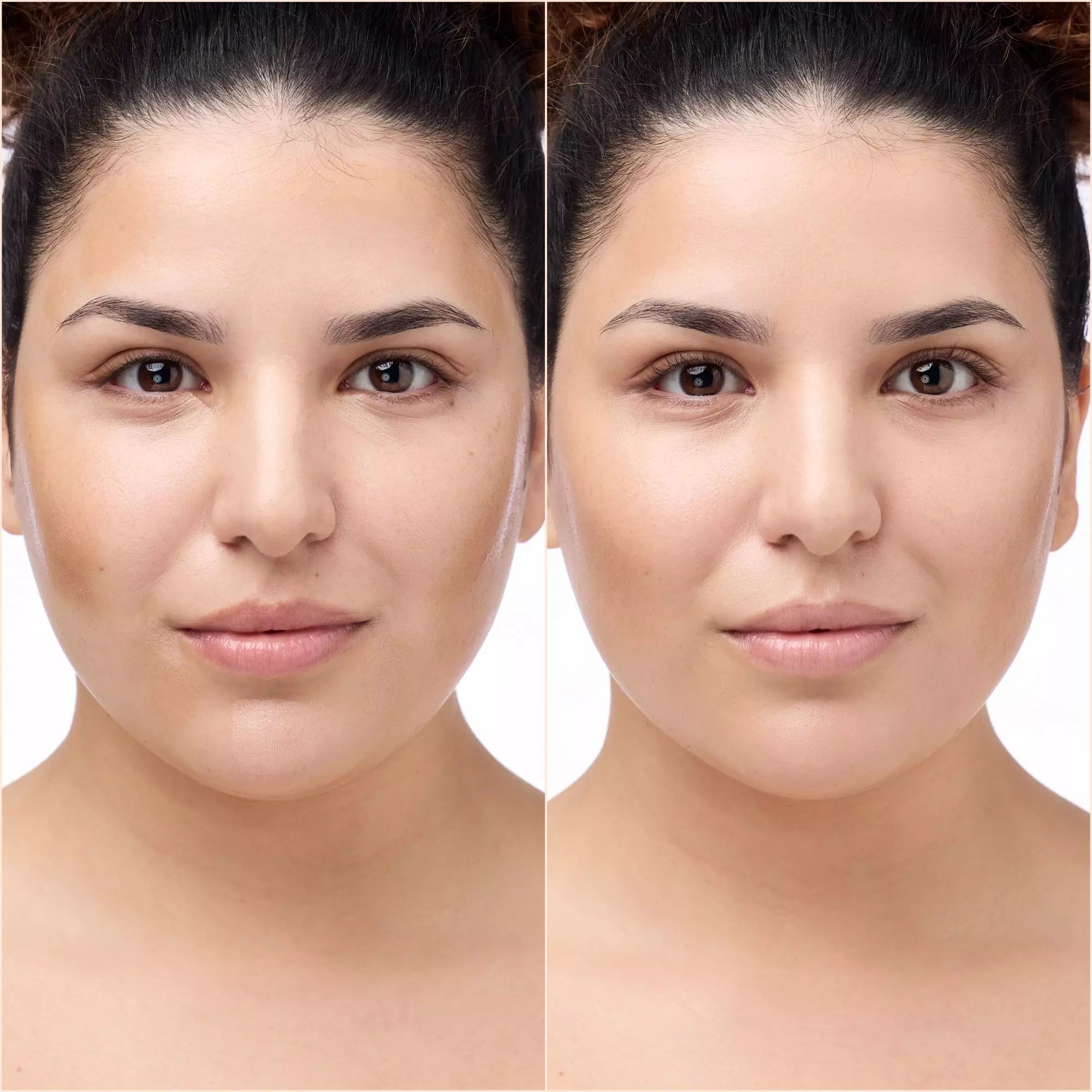Before and after using Catrice Soft Glam Stick 040 on medium skin