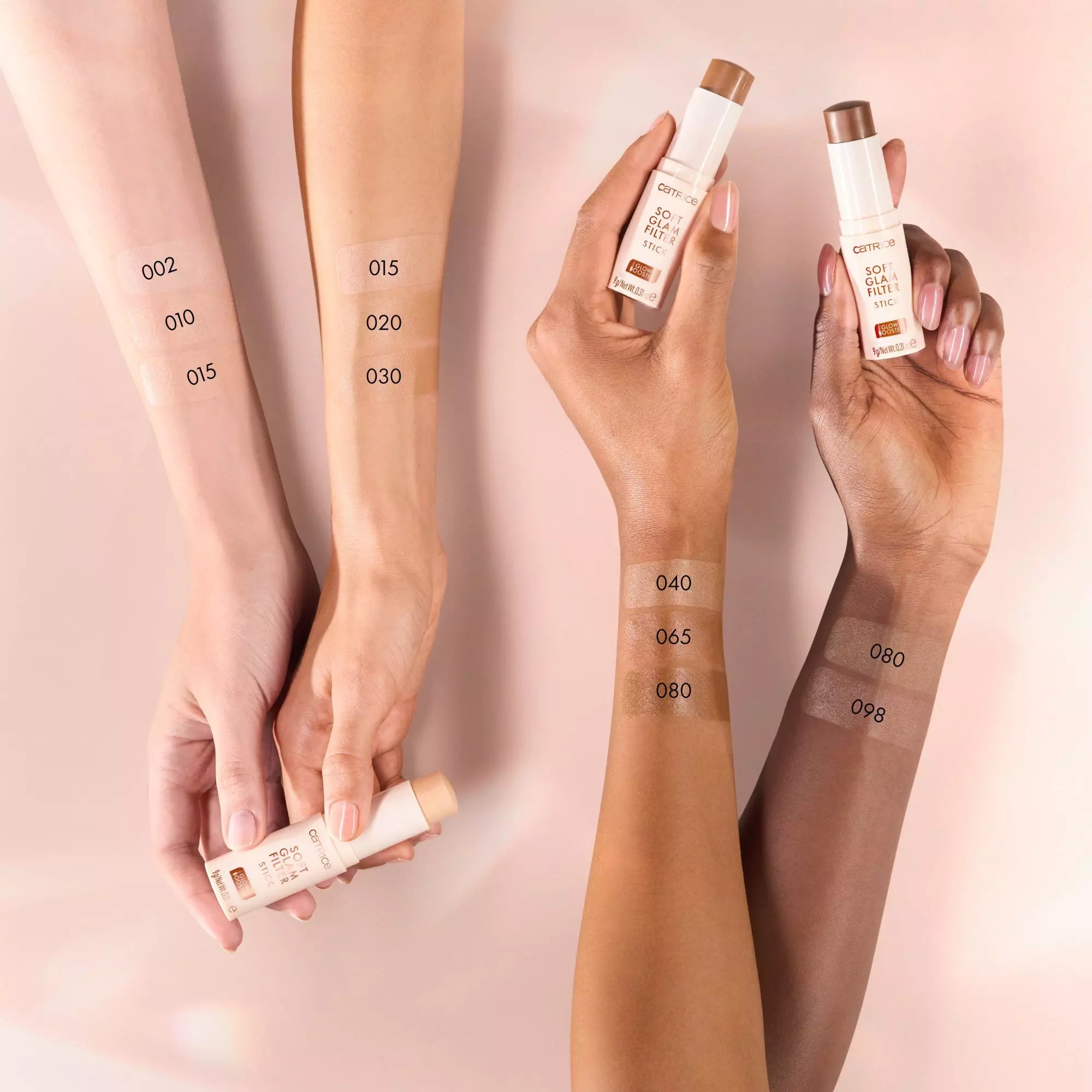 Group hand swatches comparing Soft Glam Filter Stick undertones