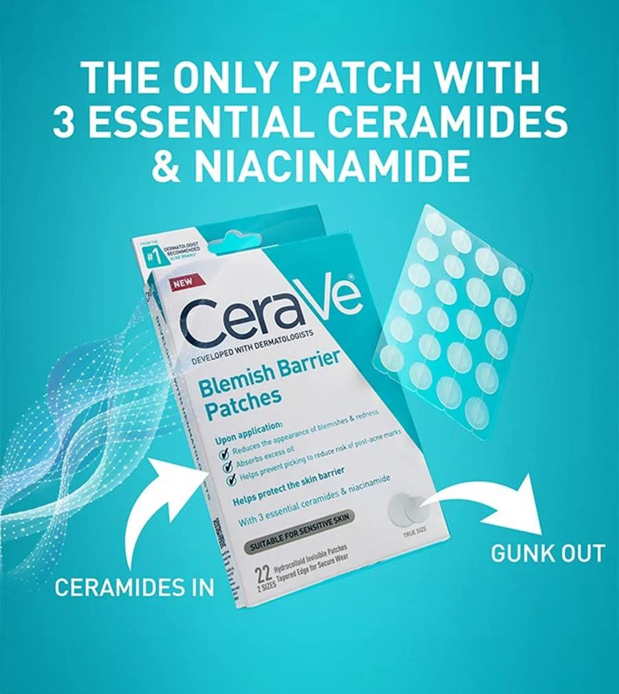 CeraVe spot patches infographic highlighting ceramides and niacinamide