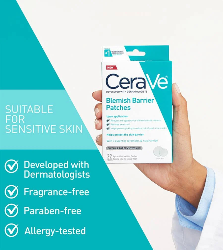 CeraVe skincare patch pack with icons for sensitive skin benefits