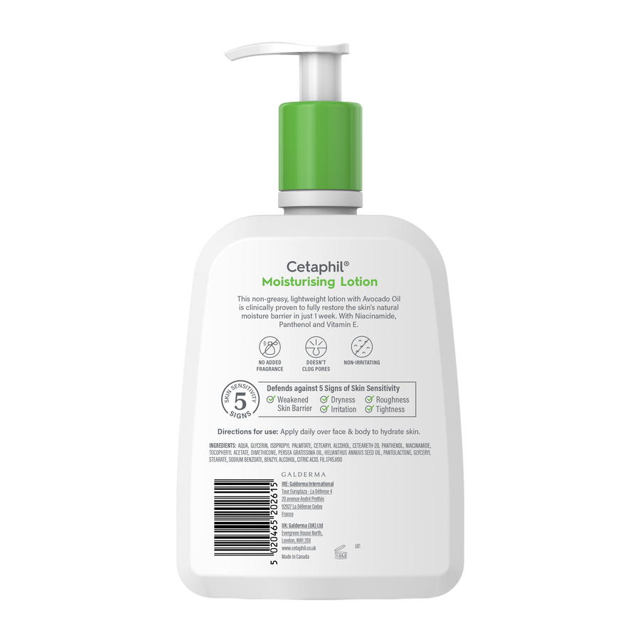 Cetaphil Moisturising Lotion back label showing ingredients and usage directions