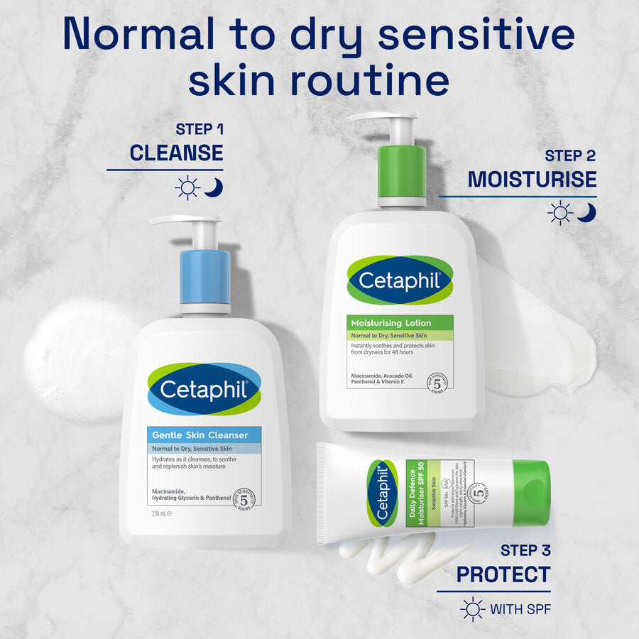Complete skincare routine for normal to dry sensitive skin using Cetaphil products
