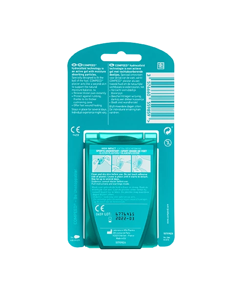 Back view of Compeed blister plaster packaging with usage instructions