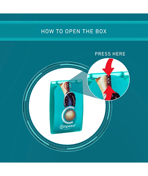 Instructional image showing how to open Compeed blister plaster pack