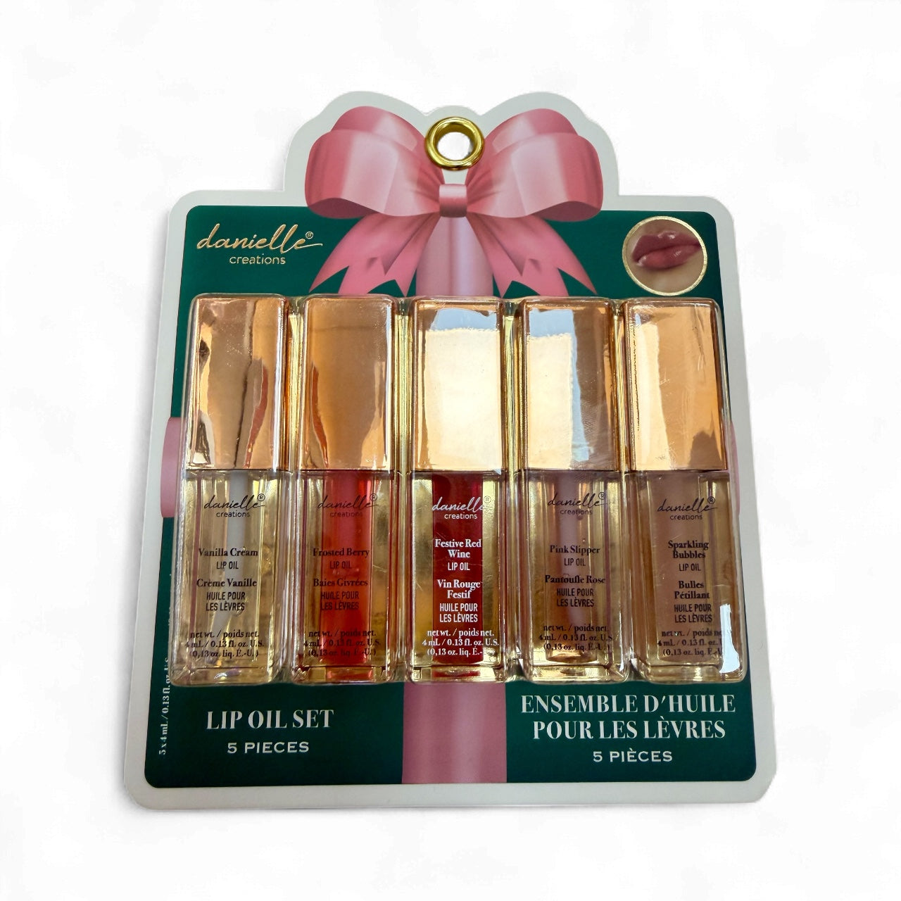 Danielle Creations lip oil gift set in pink bow Christmas card packaging