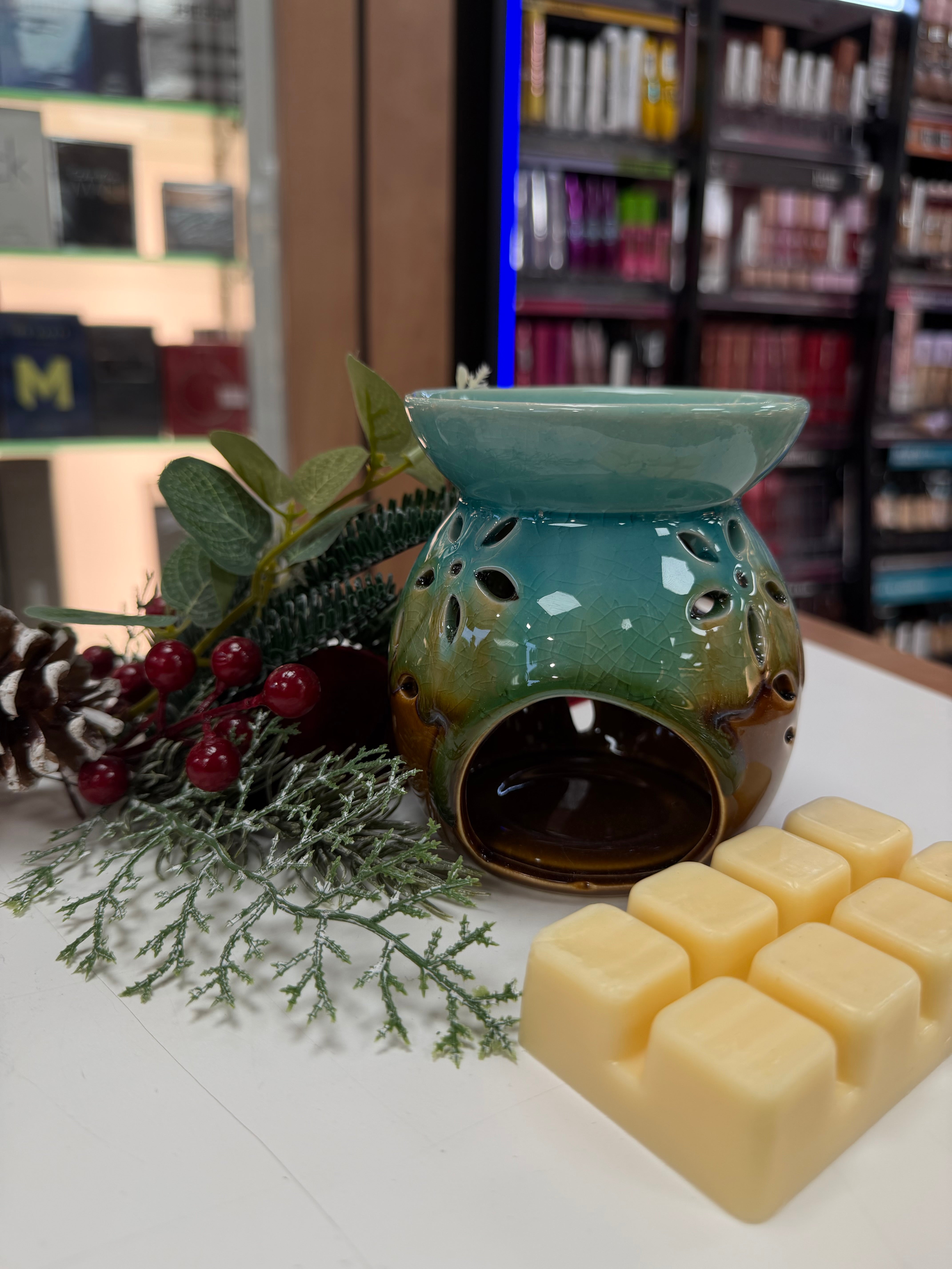 Dolphin ceramic flower wax melt burner in teal and brown ombré – home fragrance oil burner.