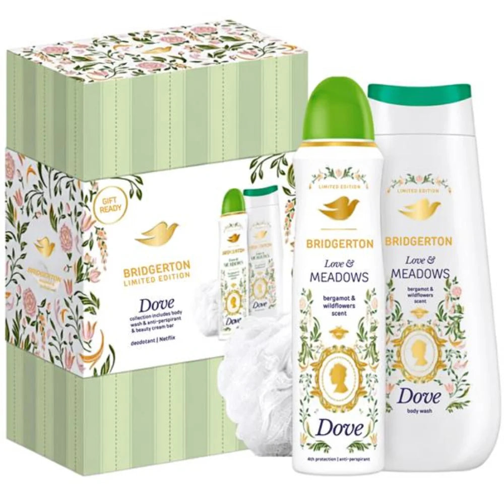 Dove Bridgerton Love & Meadows Bath & Body Gift Set with body wash, antiperspirant and luxury shower puff