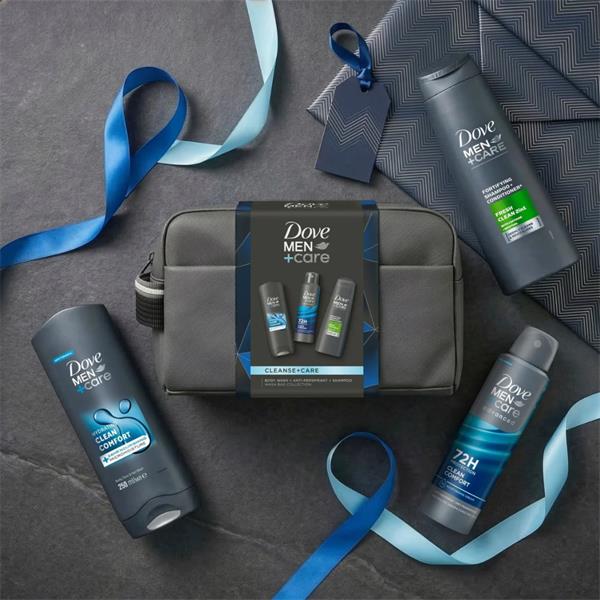 Dove Men+Care Cleanse & Care men’s toiletries with reusable grey washbag