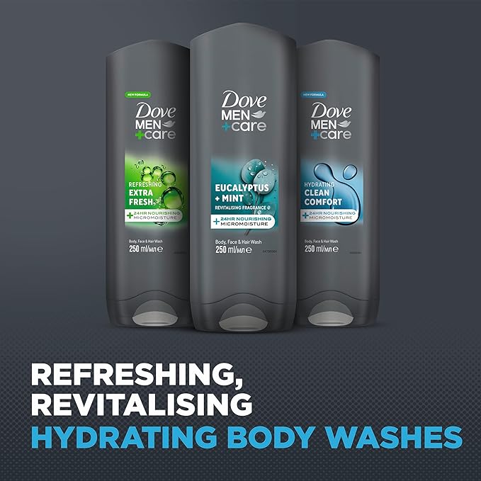 Dove Men+Care Recharge 3-pack product shot — eucalyptus mint body wash for gym and travel.