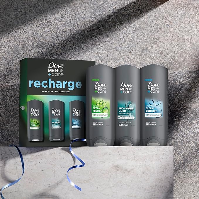Dove Men+Care gift set close-up — trio bodywash pack, refreshing eucalyptus mint scent, suitable for sensitive skin.