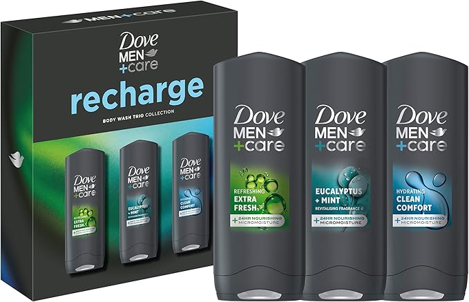 Dove Men+Care Recharge bodywash trio — eucalyptus & mint gift set for men, sensitive skin.