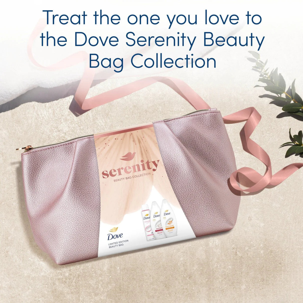 Metallic pink Dove beauty bag with contents — travel-ready gift set with body washes and Powder Soft aerosol.