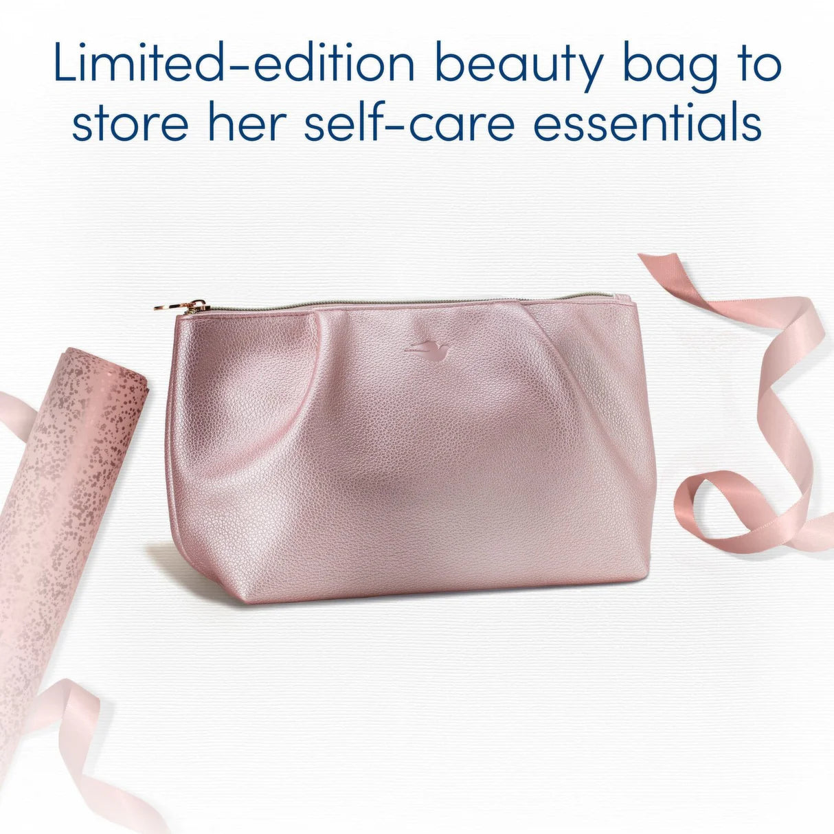 Metallic pink Dove beauty bag with contents — travel-ready gift set for her 