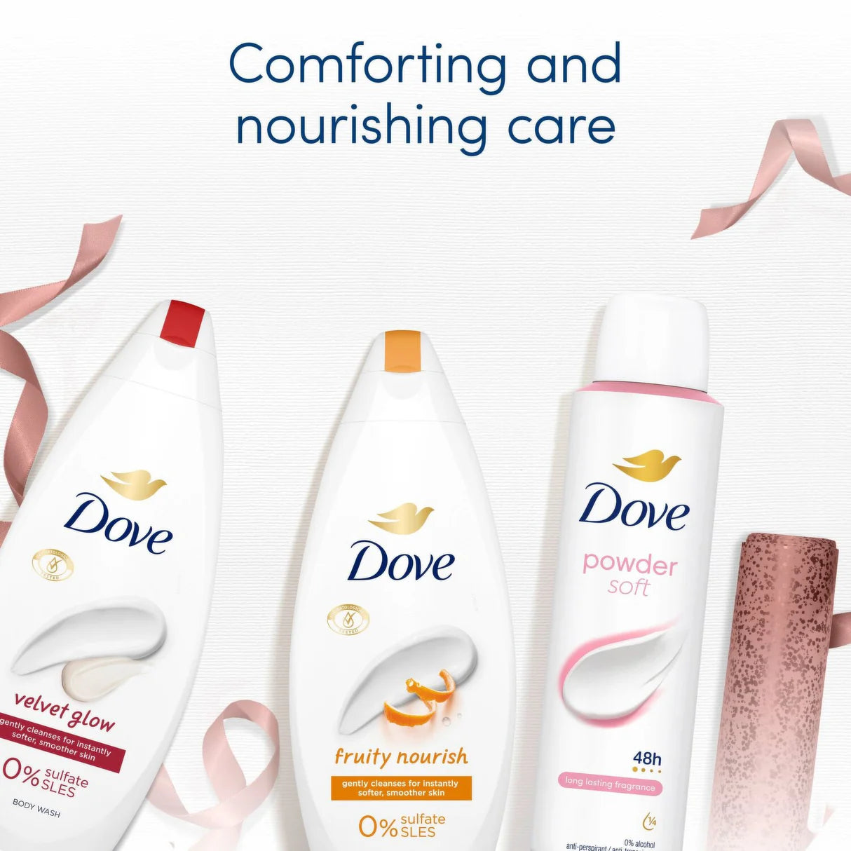 Metallic pink Dove beauty bag with contents.