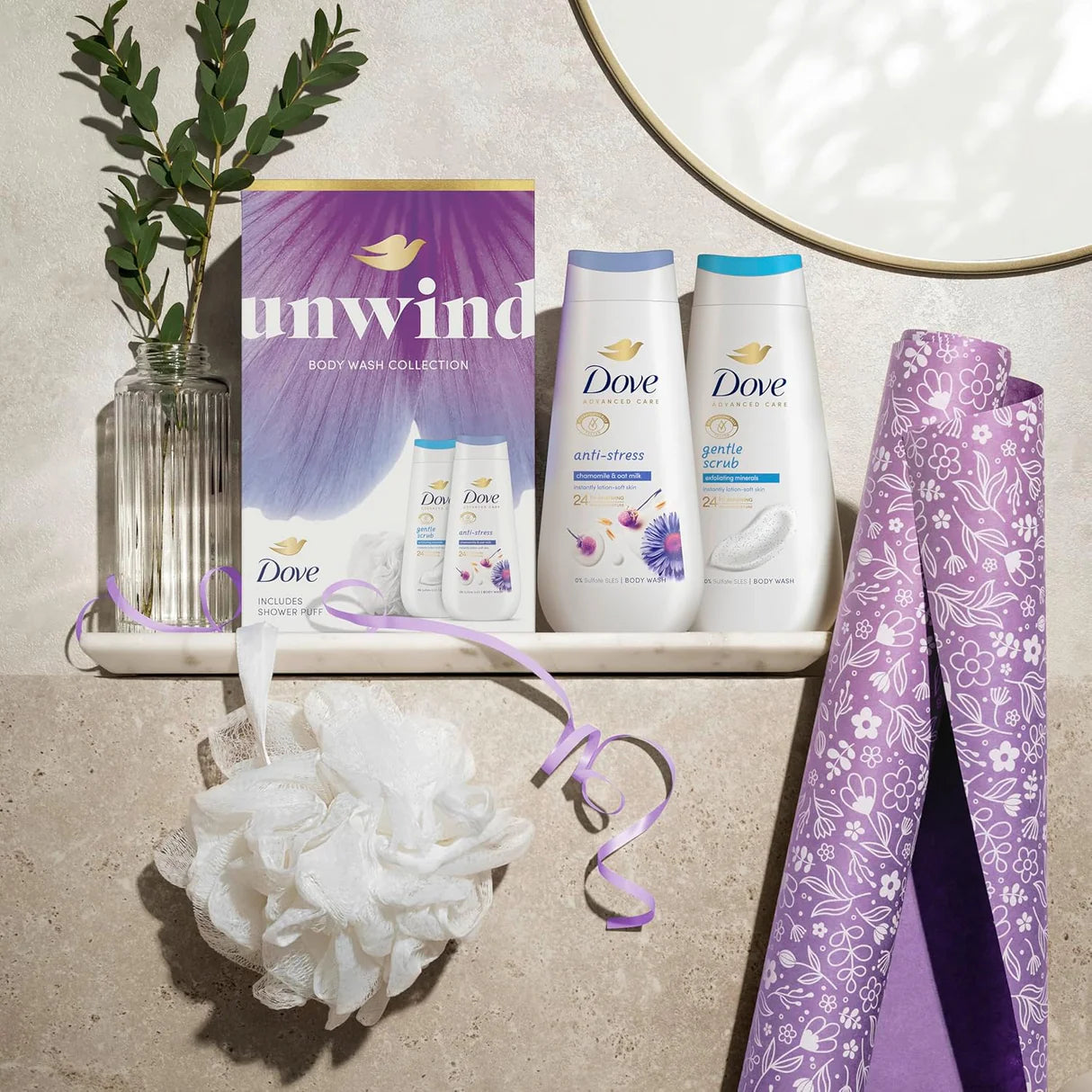 Dove Anti-Stress body wash 225ml bottle close-up — calming body wash from the Unwind Duo gift set.