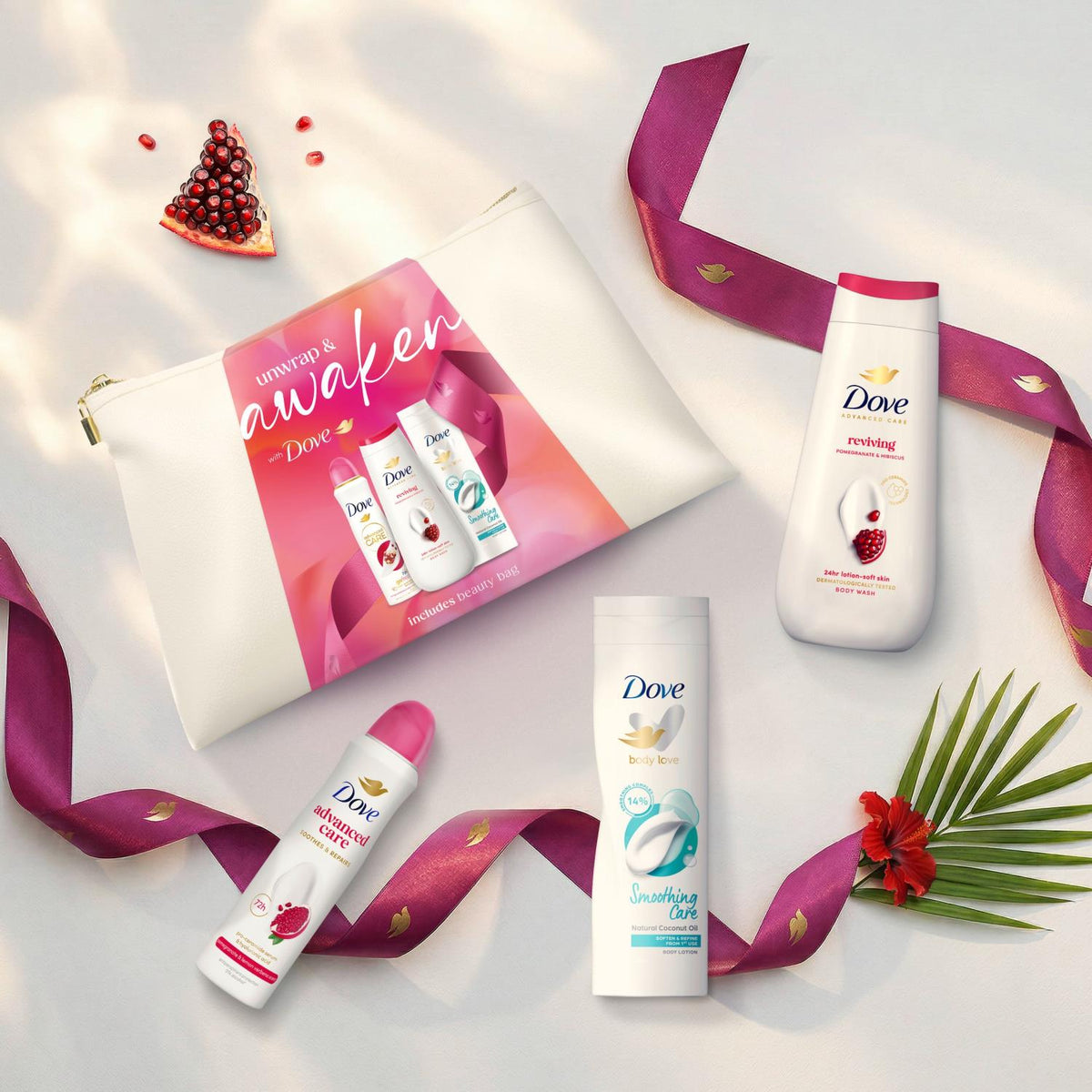 Dove Awaken Beauty Bag Gift Set with Reviving Body Wash, Smoothing Care Lotion, antiperspirant and cream beauty bag