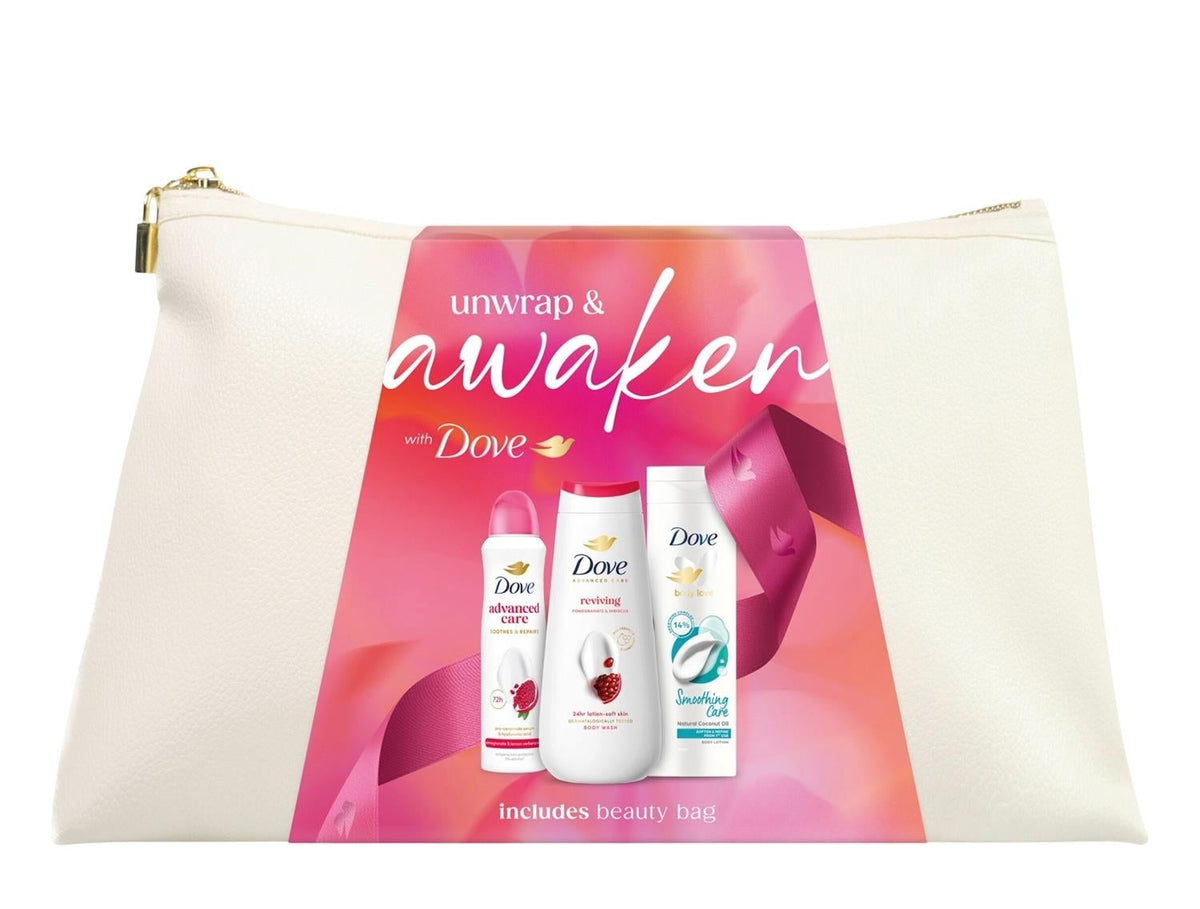 Dove Unwrap & Awaken Beauty Bag Gift Set with cream toiletry pouch and packaging showing three Dove body care essentials