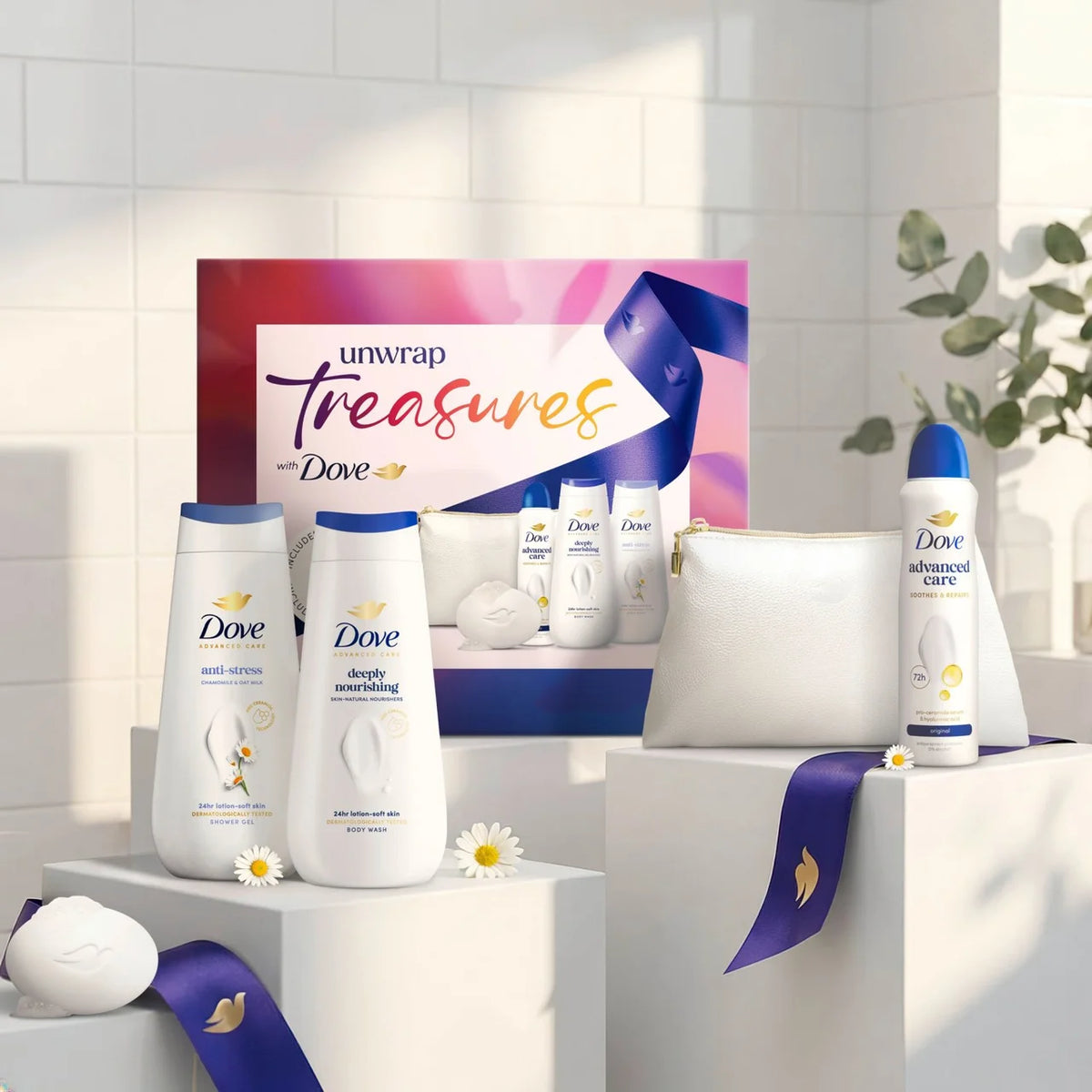 Dove Unwrap Treasures Gift Set with body washes, Beauty Bar, antiperspirant and pouch